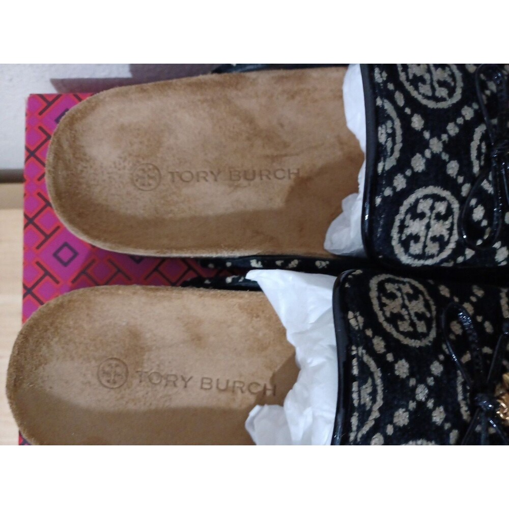 Tory Burch T Monogrammed Tory Charm Mules Clogs Size 9 Black Cream New In Box - Picture 4 of 10